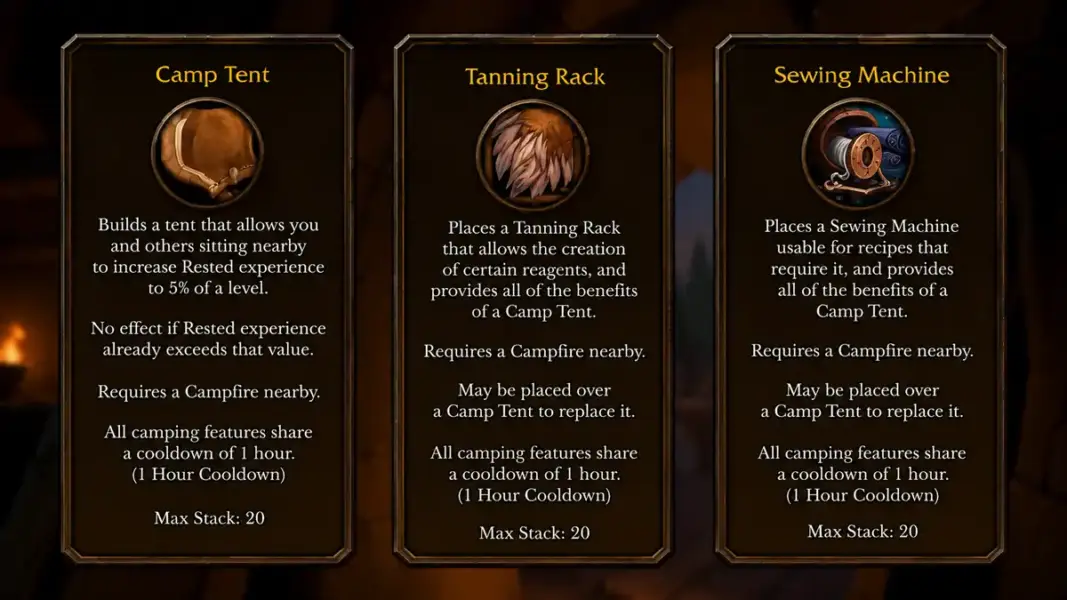 Camping And Other Professions In Wow Forever | Epiccarry Camp Tent, Tanning Rack, Sewing Machine