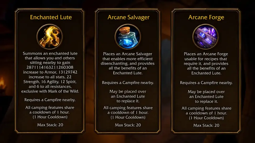 Camping And Other Professions In Wow Forever | Epiccarry Enchanted Lute, Arcane Salvager, Arcane Forge
