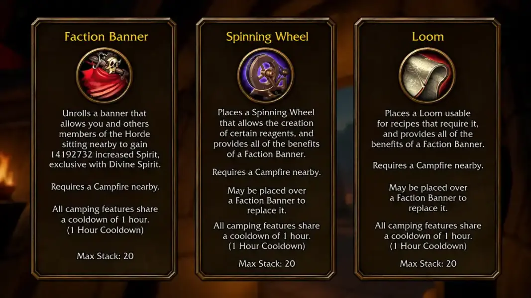 Camping And Other Professions In Wow Forever | Epiccarry Faction Banner, Spinning Wheel, Loom