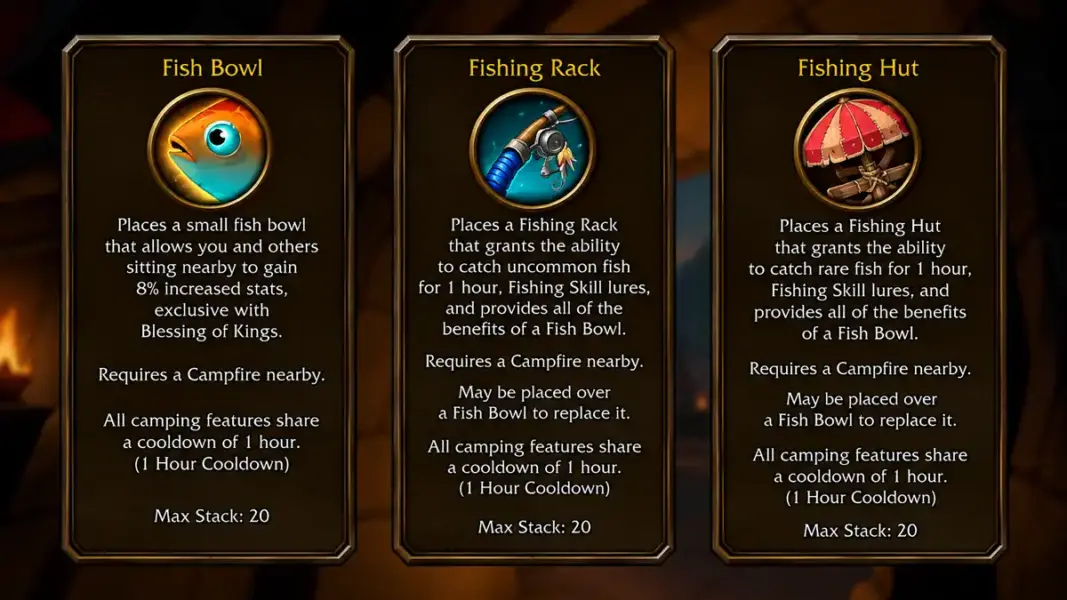 Camping And Other Professions In Wow Forever | Epiccarry Fish Bowl, Fishing Rack, Fishing Hut