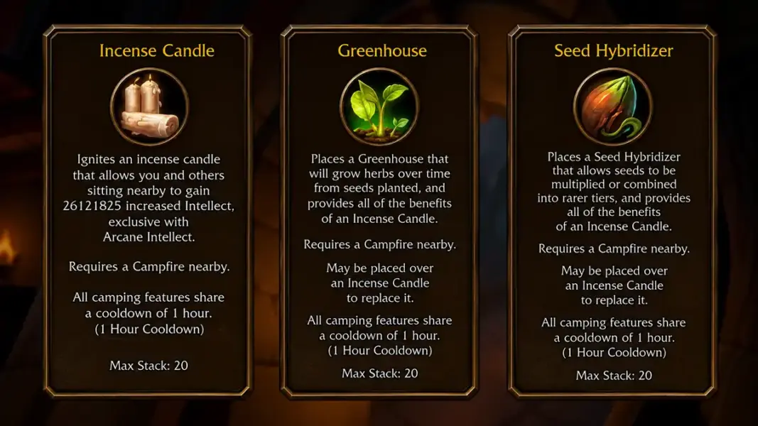 Camping And Other Professions In Wow Forever | Epiccarry Incense Candle, Greenhouse, Seed Hybridizer