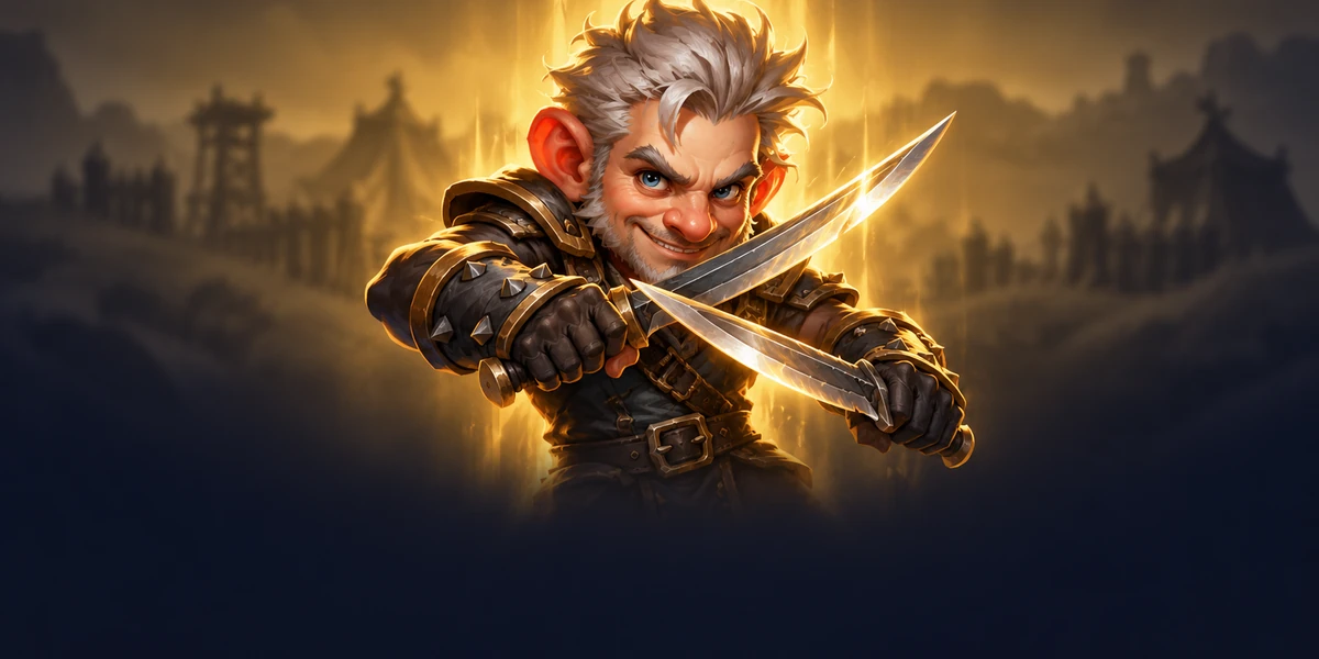 A grinning white-haired gnome in dark leather armor crosses two steel daggers amid golden light against a blurred camp backdrop.