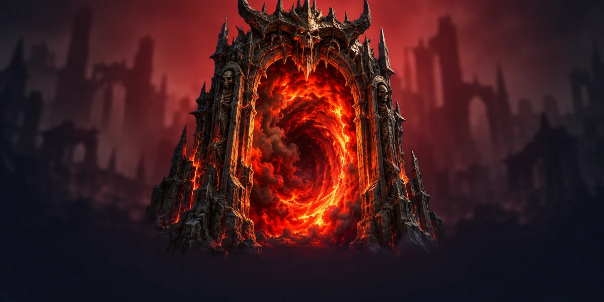 A jagged bone and stone arch surrounds a swirling fiery portal against blurred crimson ruins and deep navy shadows.