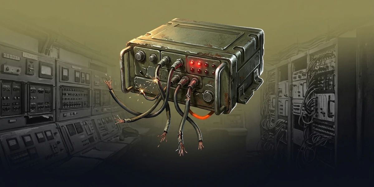 A rugged olive-drab military field communications terminal with severed sparking cables and glowing red lamps sits before a dark, blurred bunker control room.