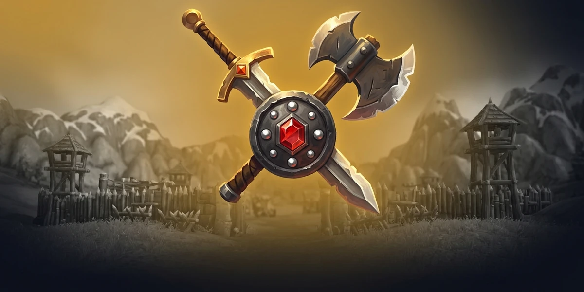 A battle-worn claymore and battleaxe crossed behind a studded iron medallion with a red ruby, set against a softly faded Warsong Gulch valley.