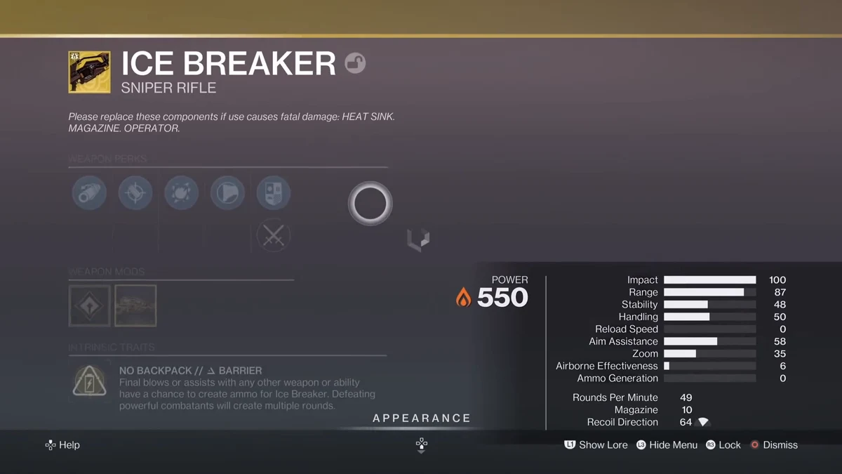 Destiny 2 weapon inspect screen for the Exotic Sniper Rifle Ice Breaker displaying its stats, Solar element, power level 550, and No Backpack intrinsic trait