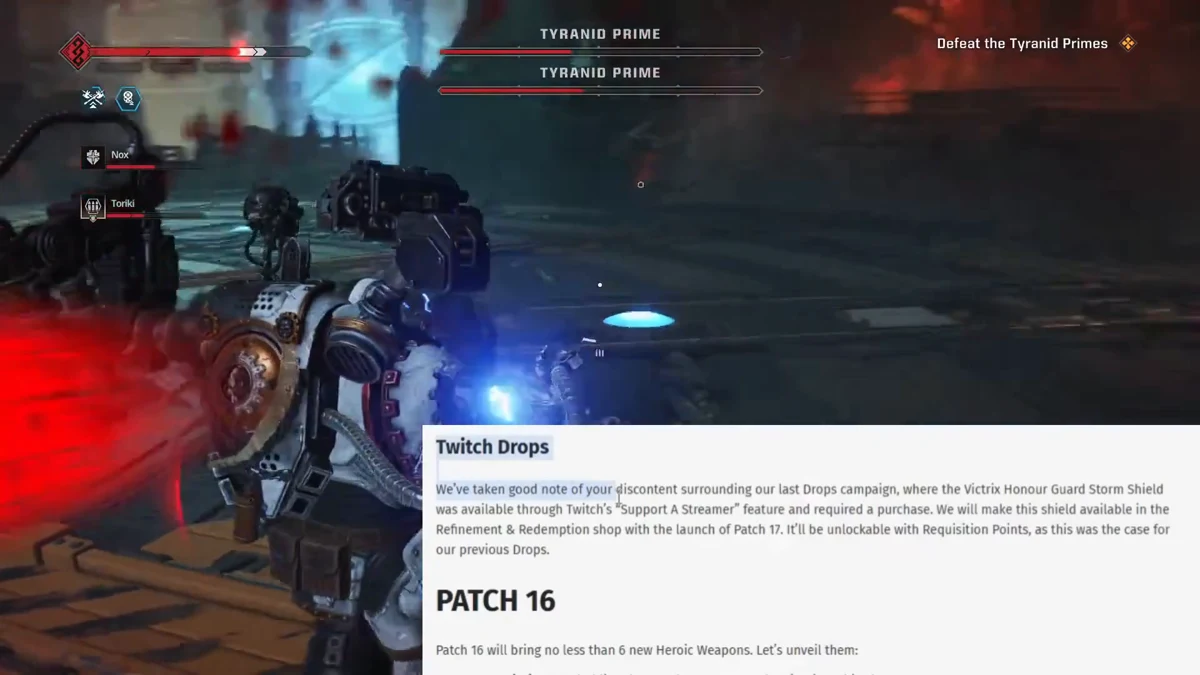 Space Marine 2 patch notes excerpt addressing Twitch Drops and the Victrix Honour Guard Storm Shield