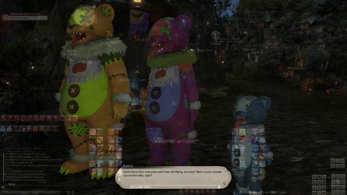 Three Final Fantasy XIV characters wearing patched bear mascot costumes in yellow, purple, and blue colors