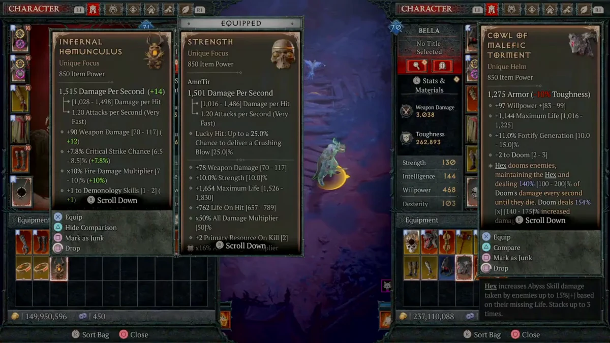 In-game inventory tooltip displaying the Infernal Homunculus Unique Focus item stats and Demonology Skills affix in Diablo 4