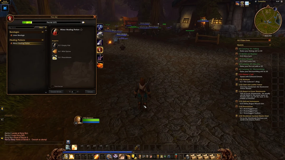World of Warcraft First Aid crafting window showing recipes for Linen Bandage and Minor Healing Potion with required reagents