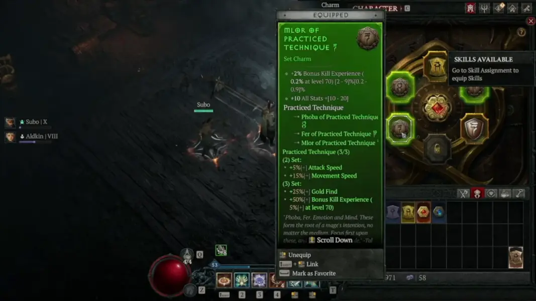 In-game tooltip for the Mlor of Practiced Technique set charm displaying its stats and set bonuses