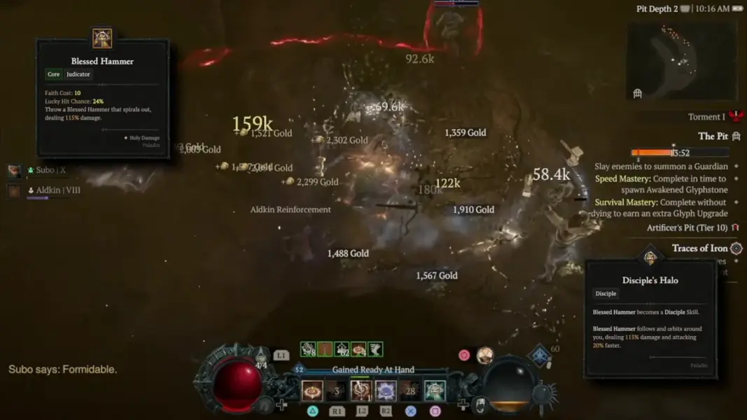 Diablo 4 gameplay showing skill tooltips for Blessed Hammer and Disciple's Halo