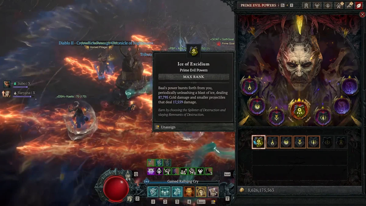 Diablo IV Prime Evil Powers menu showing Ice of Excidium tooltip earned by choosing Splinter of Destruction